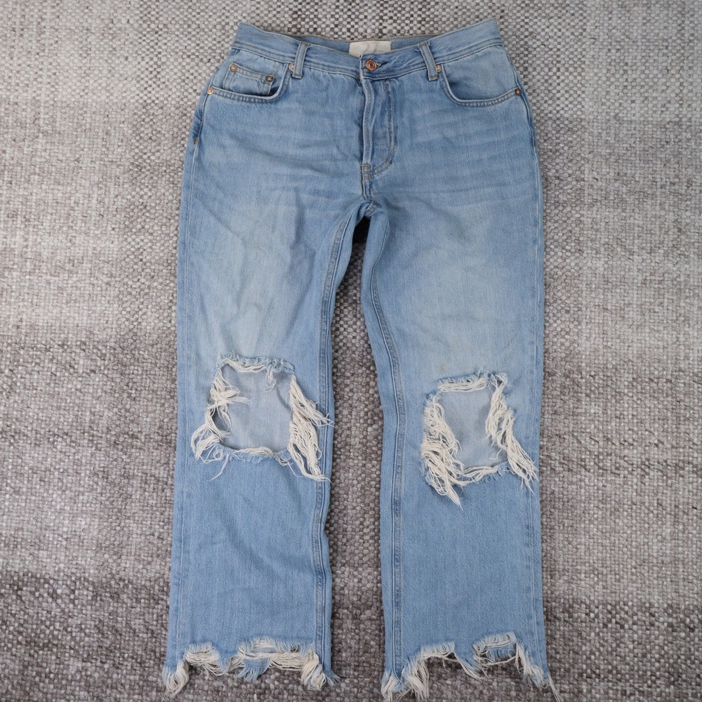 We The Free Jeans Womens 27 Light Blue Good Distressed Straight Leg Raw Hem